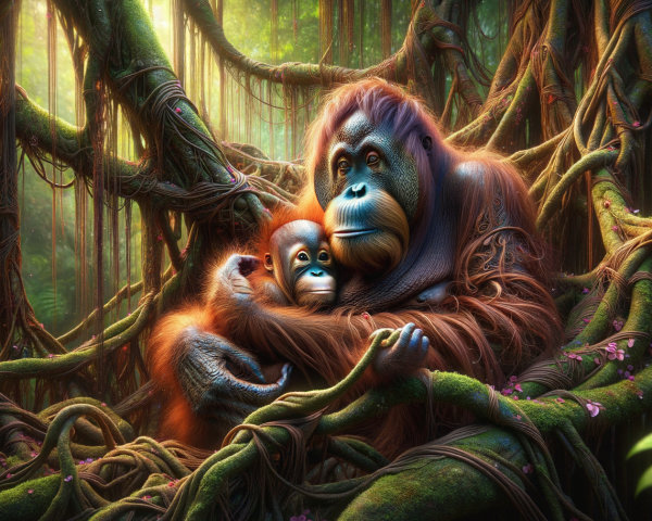 Mother Orangutan Embracing Baby in Lush Jungle