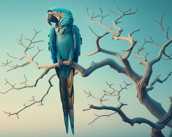 Vibrant Blue Macaw on Twisted Branch in Pastel Setting