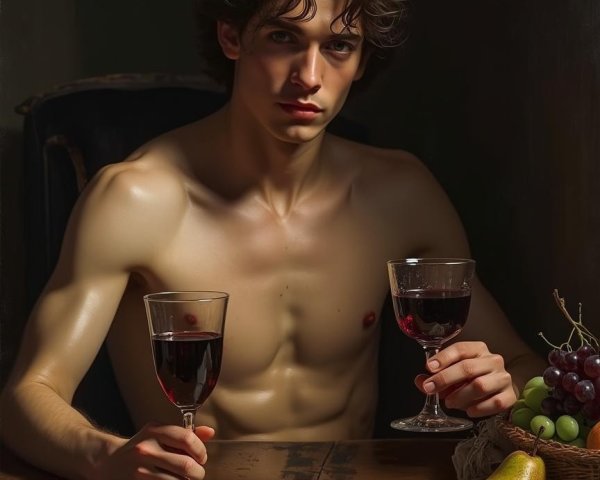 Young man with wine at table with fruit and dark backdrop