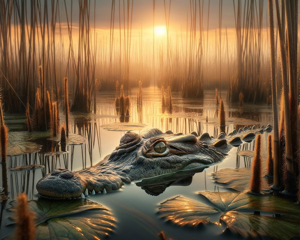 Crocodile in Dawn Light Surrounded by Reeds and Mist