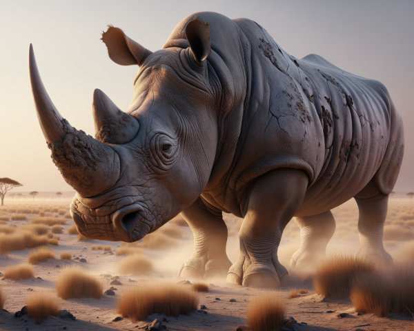 Rhinoceros in Arid Landscape at Dawn