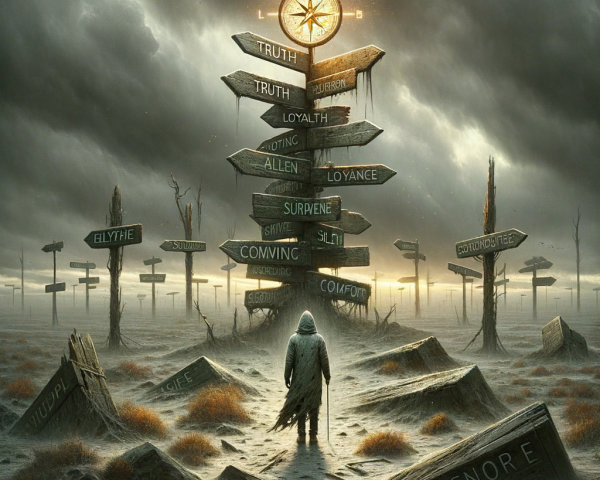 Cloaked Figure Among Directional Signs in Foggy Landscape