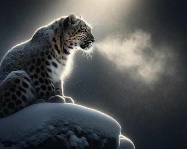 Snow Leopard on Snowy Rock in Winter Landscape