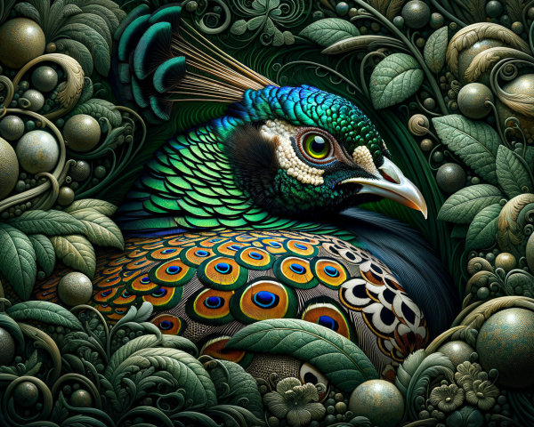 Peacock Surrounded by Lush Foliage and Green Leaves