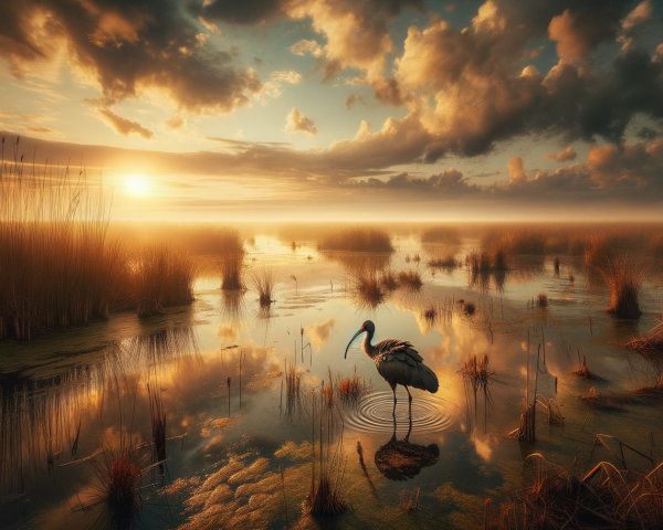 Serene Wetland Scene with Heron at Sunset