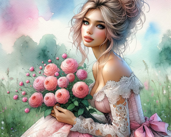 Young Woman in Pastel Landscape with Pink Roses