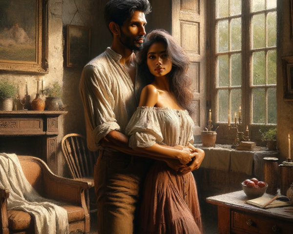 Couple in Rustic Room with Vintage Decor and Intimacy
