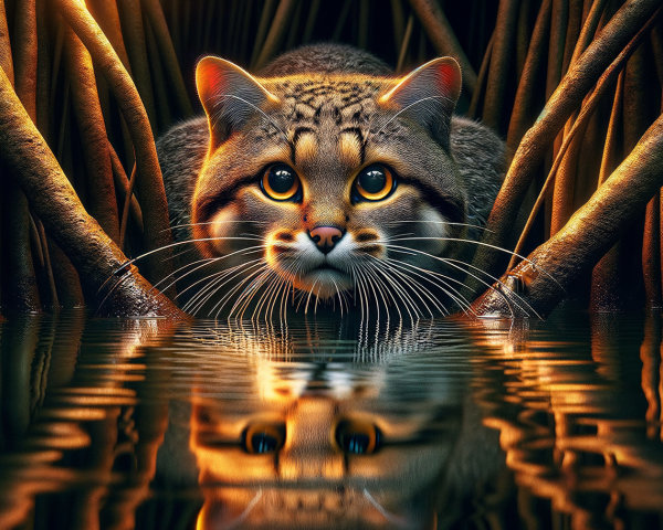 Wild Cat Observing Through Tree Roots in Tranquil Setting