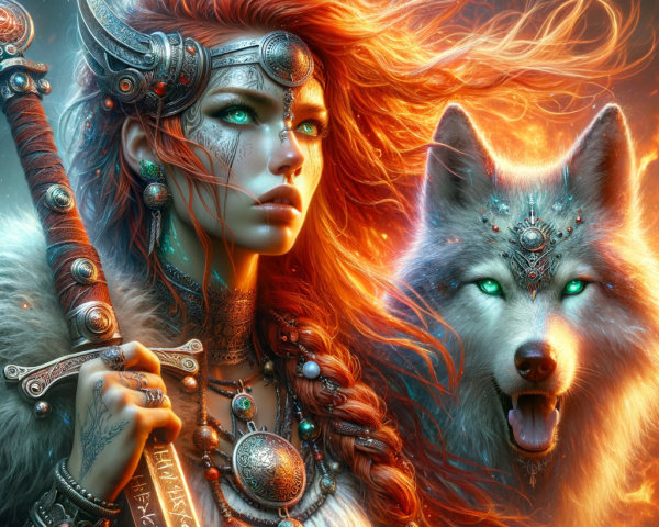 Fierce warrior woman and glowing wolf in fantasy scene