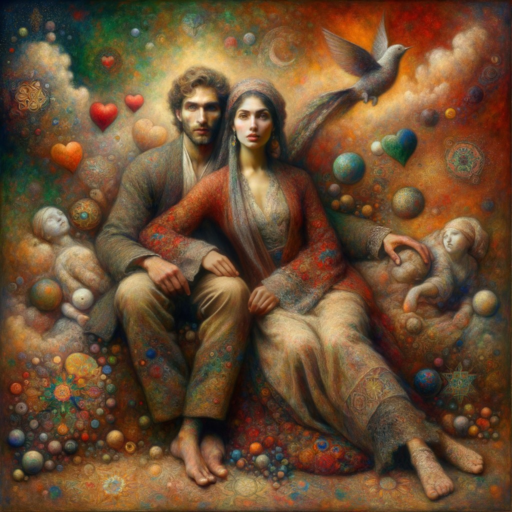 Couple in Dreamlike Setting with Whimsical Elements