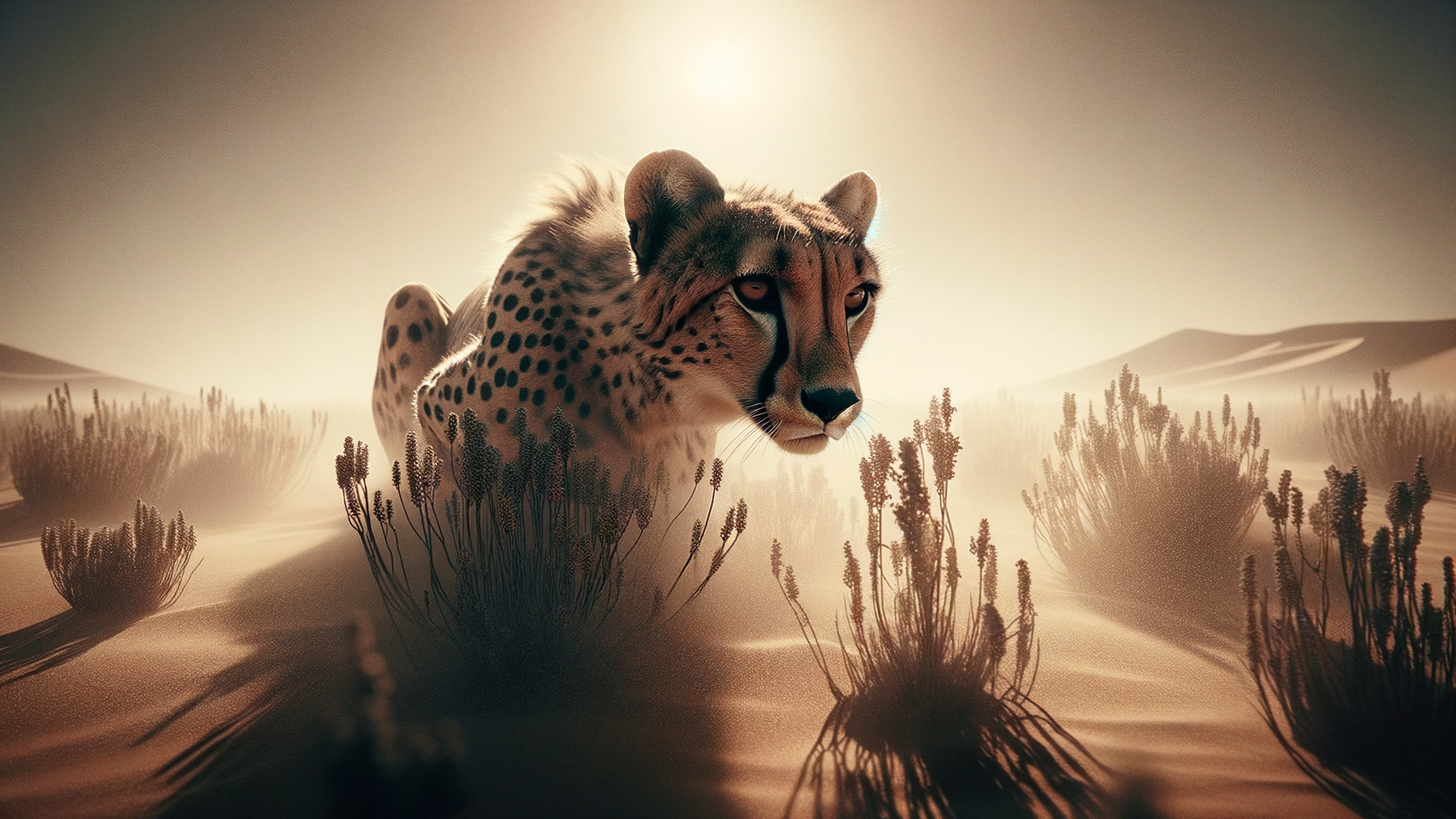 Cheetah in Sunlit Desert Landscape with Sand Dunes