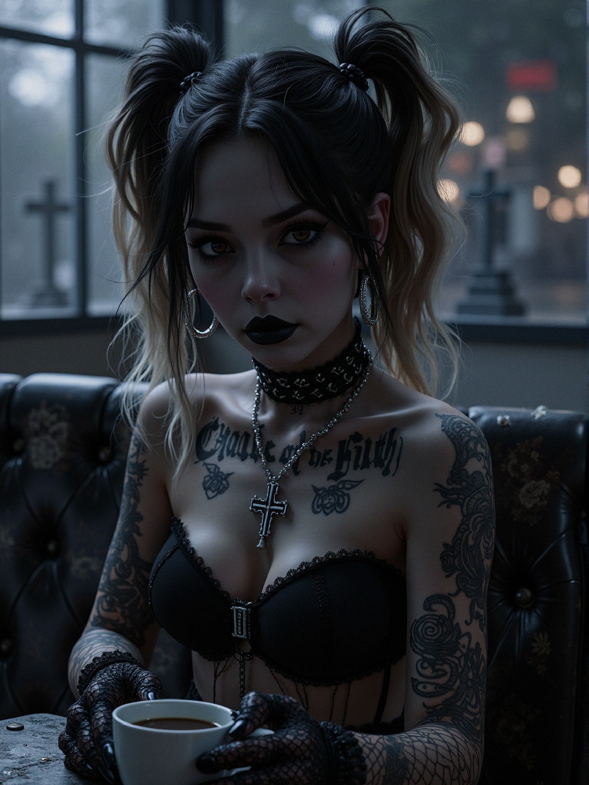 Gothic Aesthetic of a Young Woman in a Cafe Setting