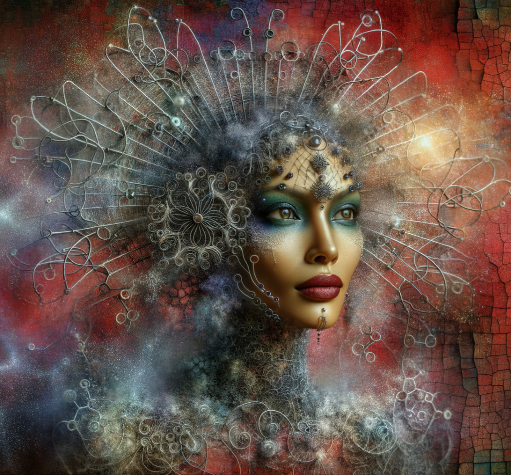 Ethereal Figure with Intricate Patterns and Green Eyes