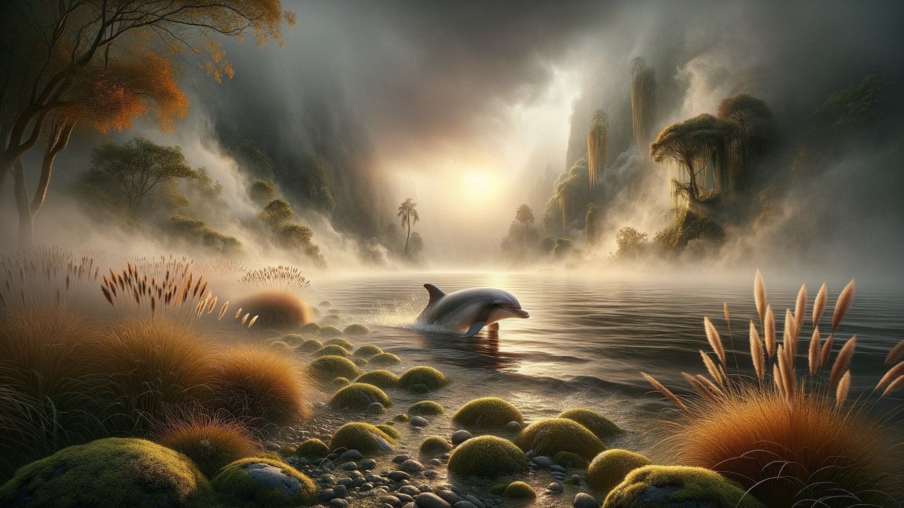 Dolphin Leaping in Serene Sunset Landscape