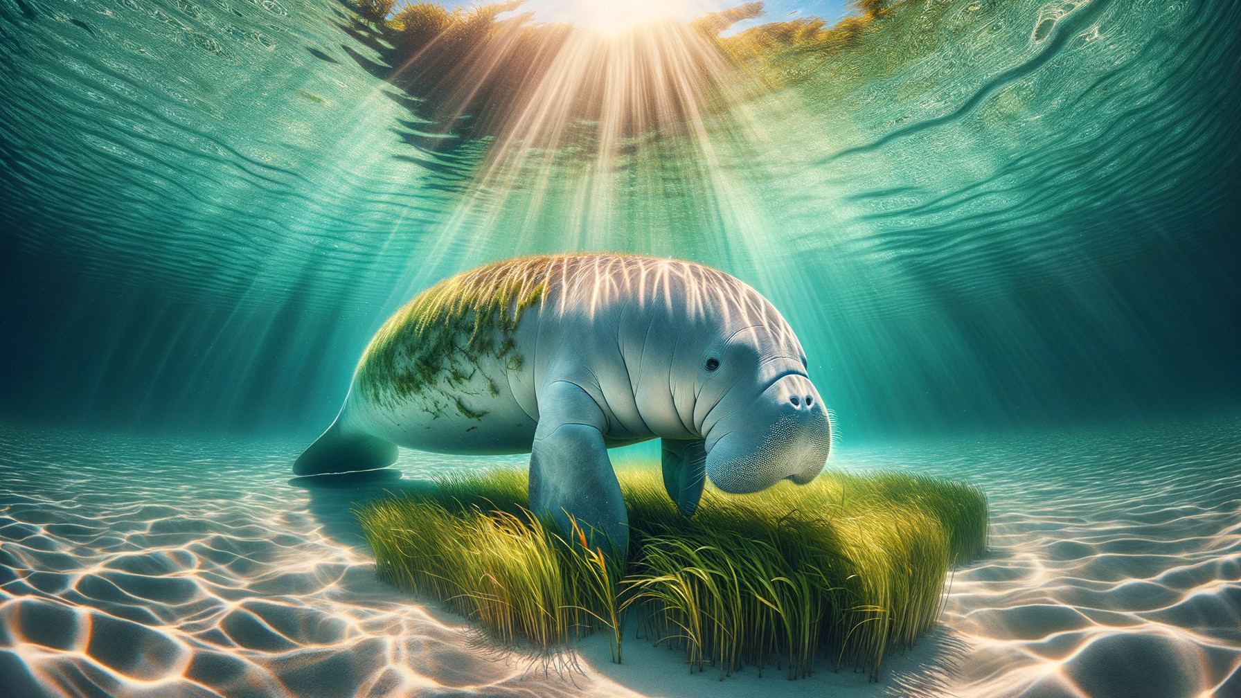Underwater Scene of a Manatee Near Seagrass