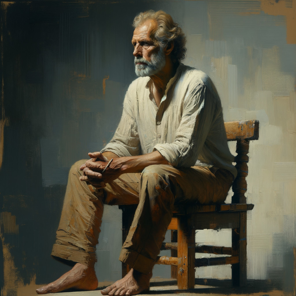 Elderly Man in Contemplation on Wooden Chair