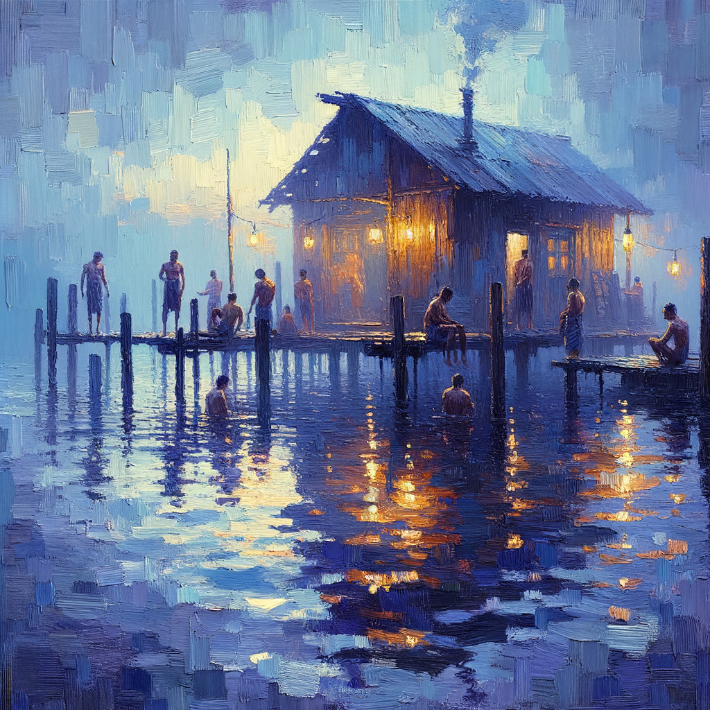 Serene Evening Scene by Water with Rustic House