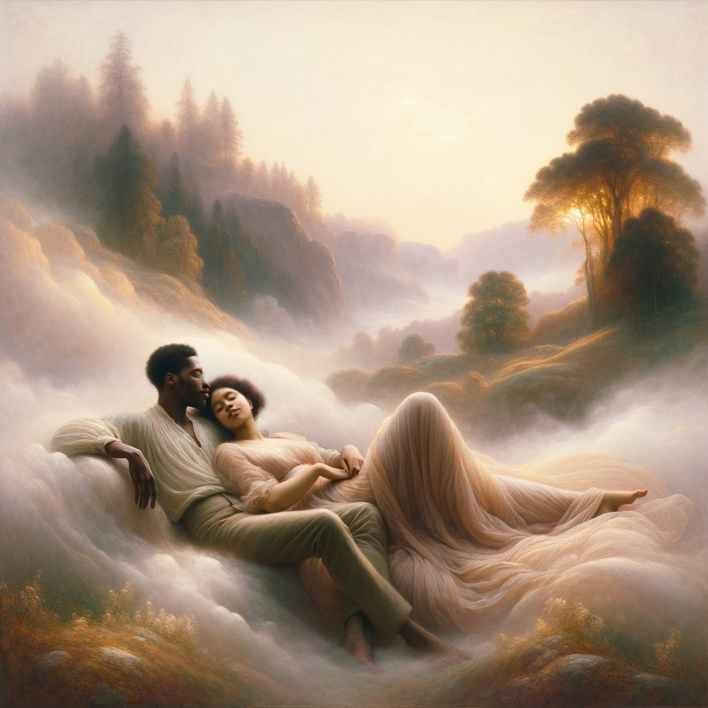 Couple Embracing in a Misty Dreamy Landscape