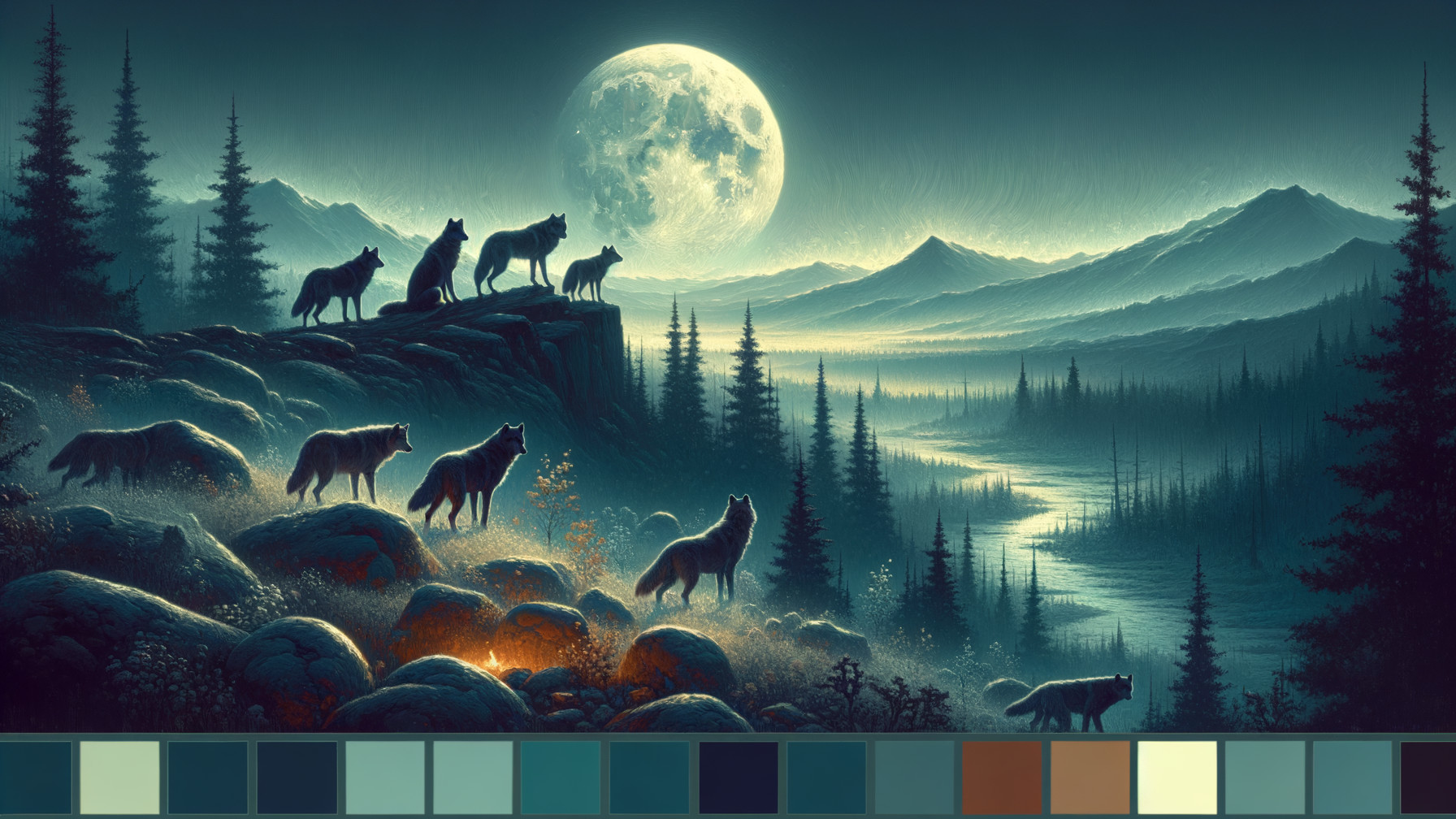 Wolves on a Cliff Under a Full Moon at Night