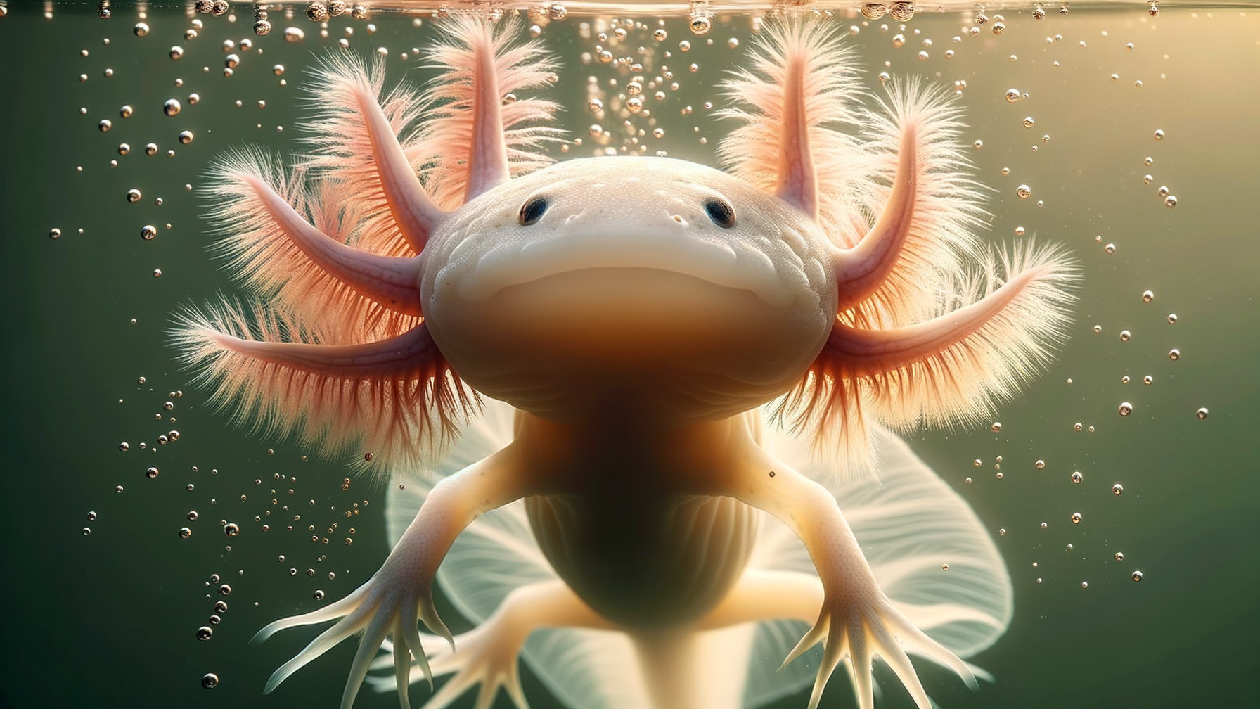 Axolotl in Serene Aquatic Environment with Bubbles