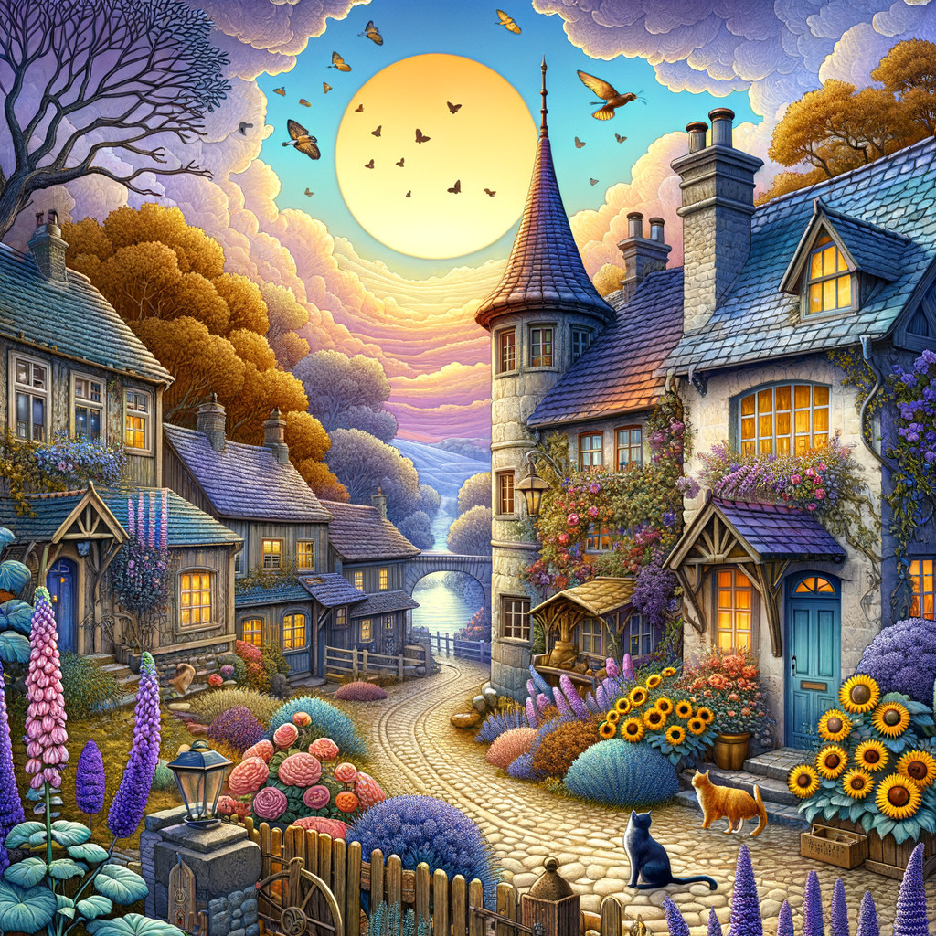 Serene Village Scene at Sunset with Cottages and Nature