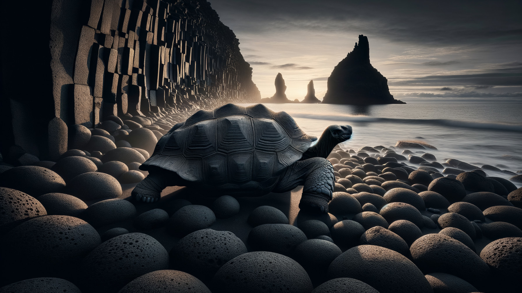 Majestic Tortoise on Rocky Shoreline with Cliffs