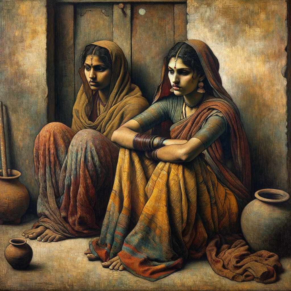 Women in Traditional Attire Against Wooden Wall