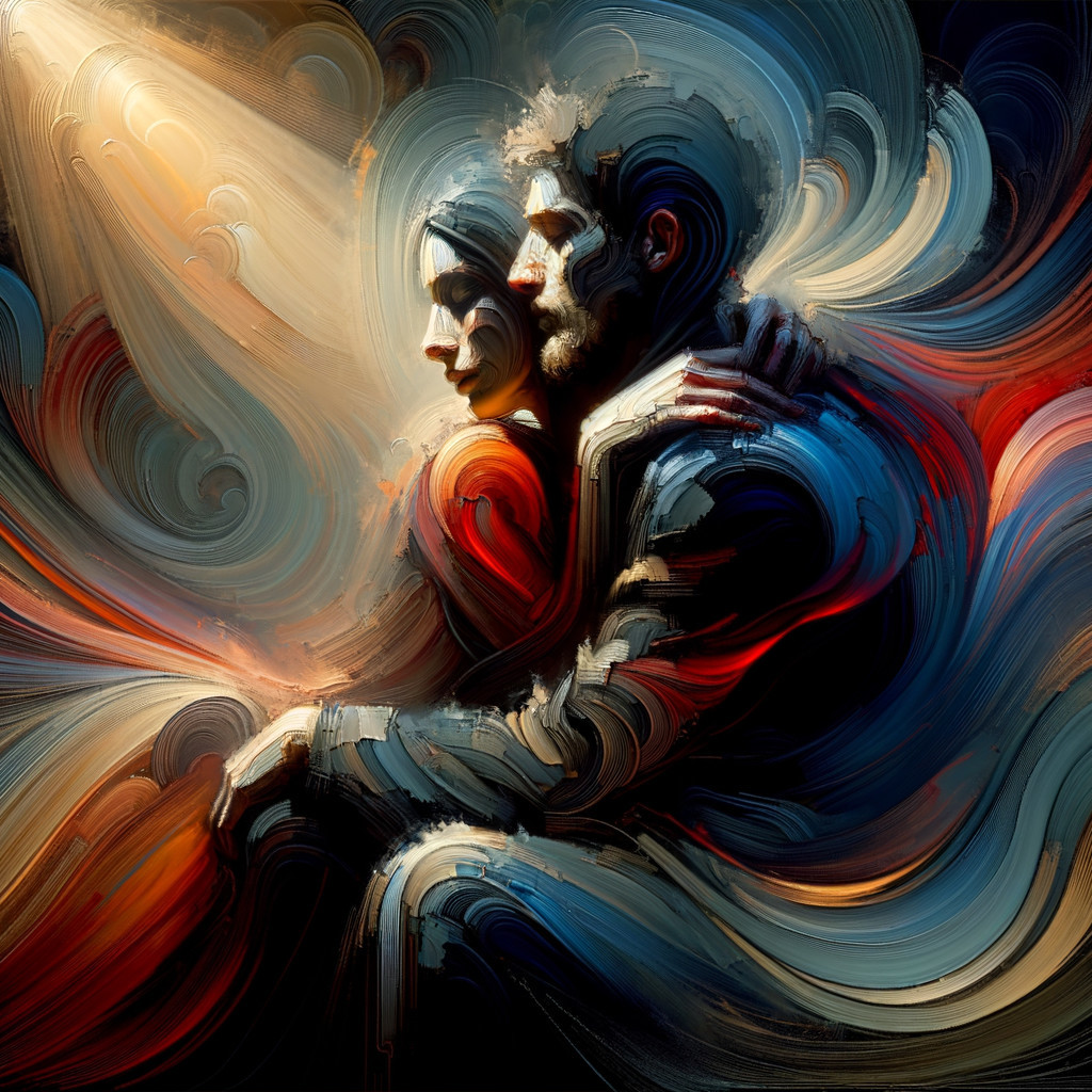 Couple Embracing in Vibrant Brushstrokes and Light