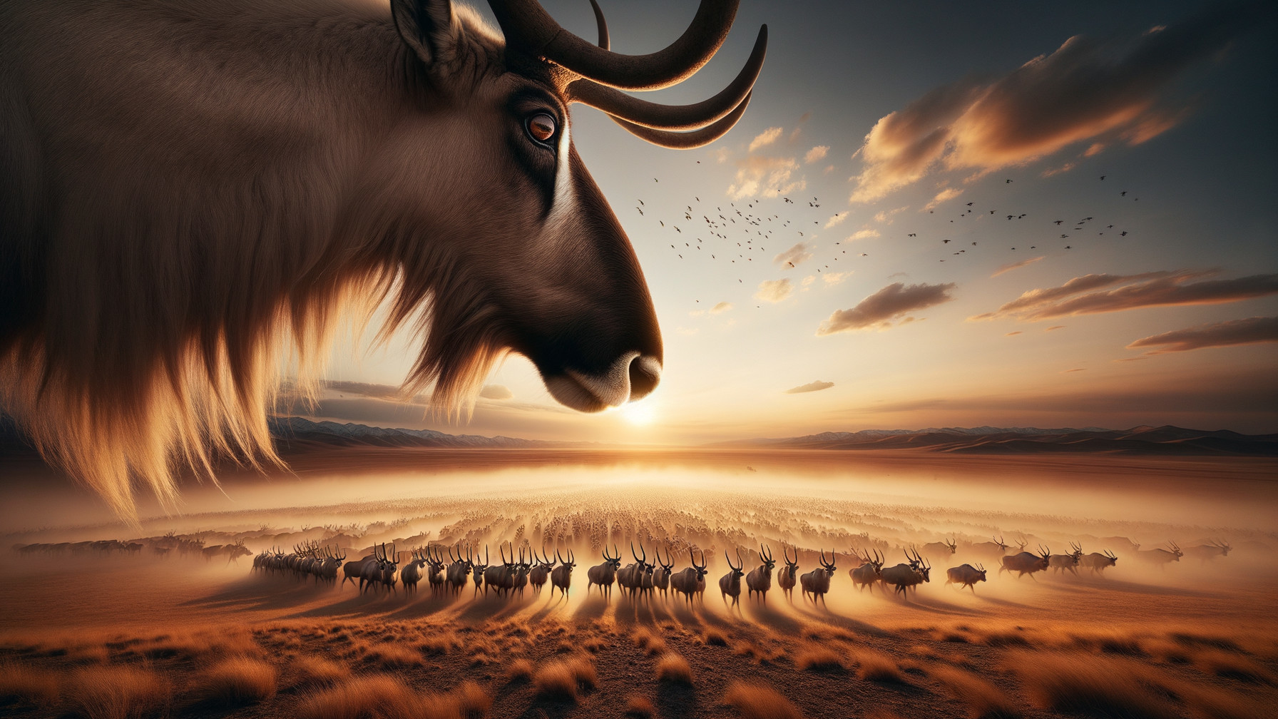 Antelope in Sunset with Herd and Mountain Silhouettes