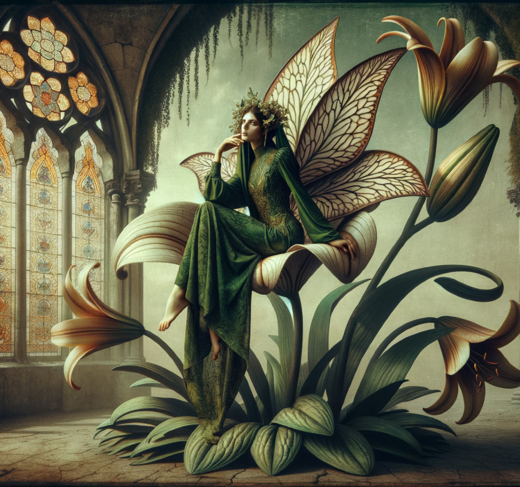 Woman in Green Attire Sitting on a Blooming Flower