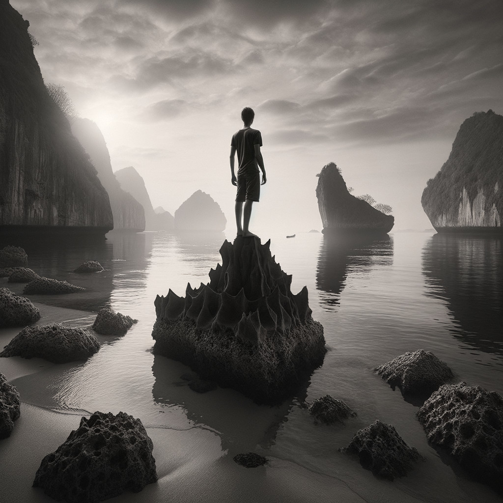 Monochrome Scene of Solitary Figure by Reflective Lagoon