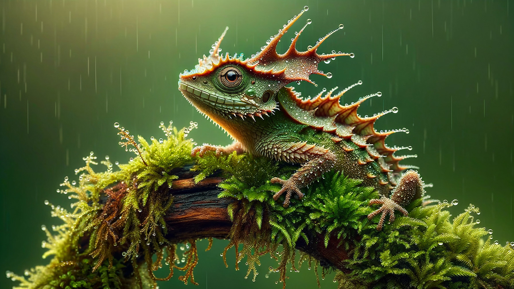 Vibrant lizard on mossy branch with textured scales