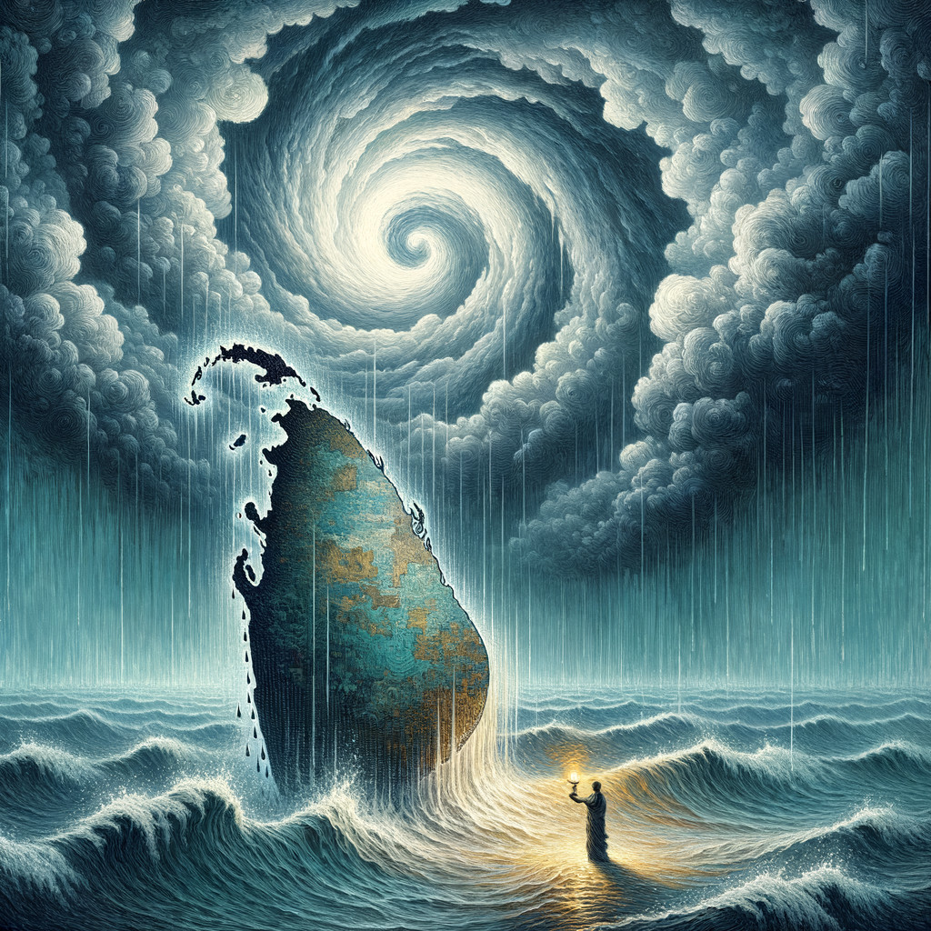 Lone Figure with Lantern by Stormy Ocean Vortex