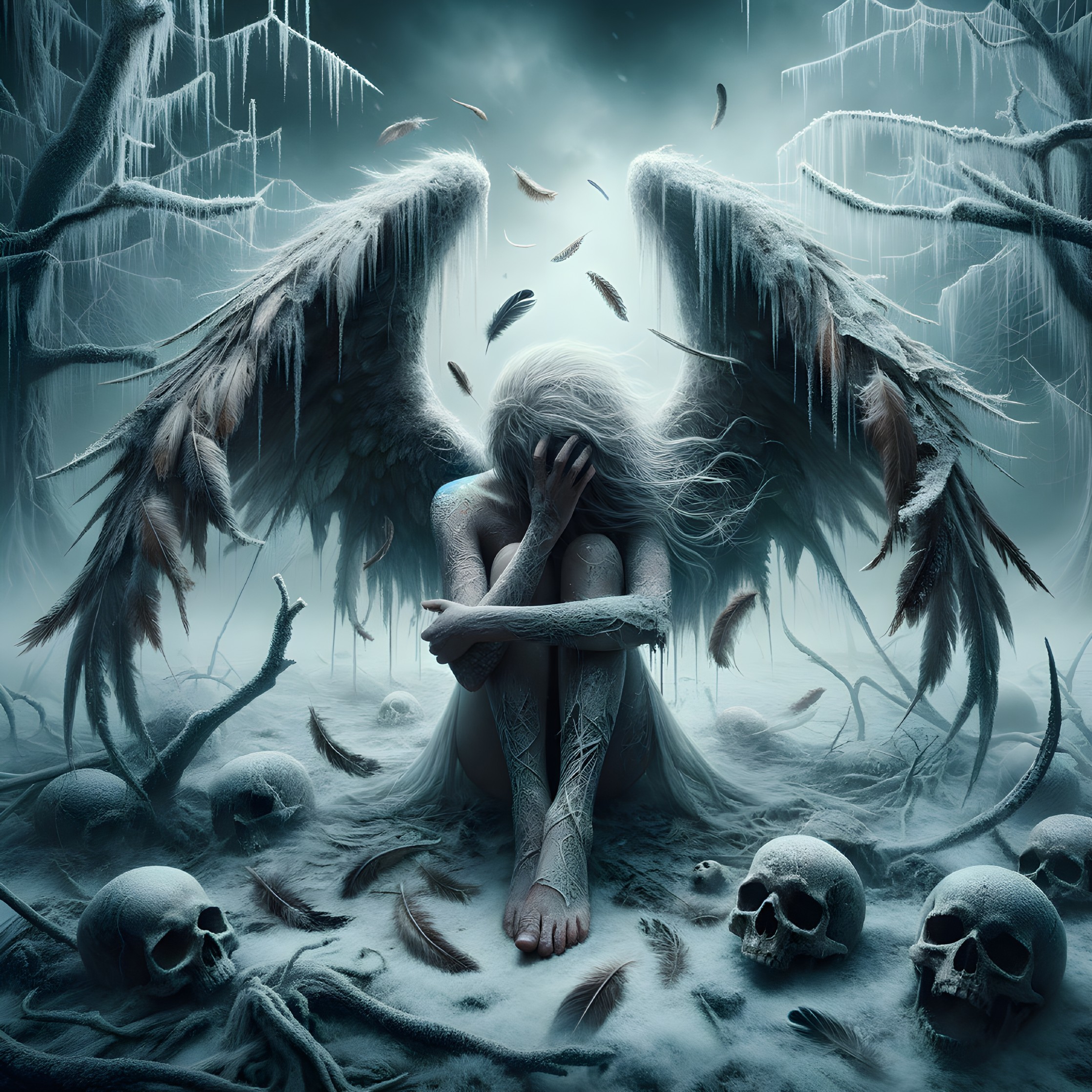 Ethereal Frost Landscape with Despairing Figure and Skulls