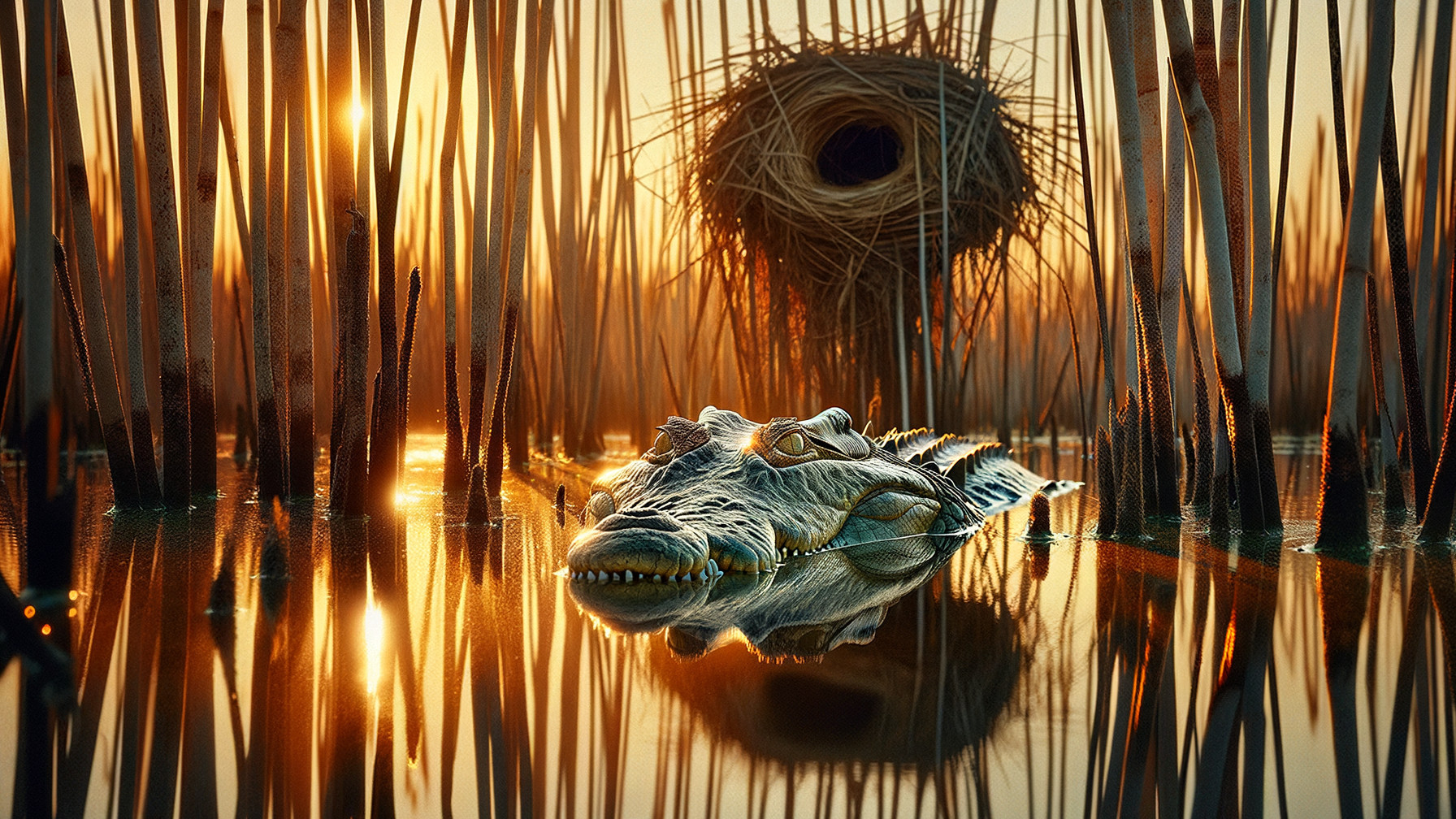 Crocodile in tranquil waterway at sunset with reeds