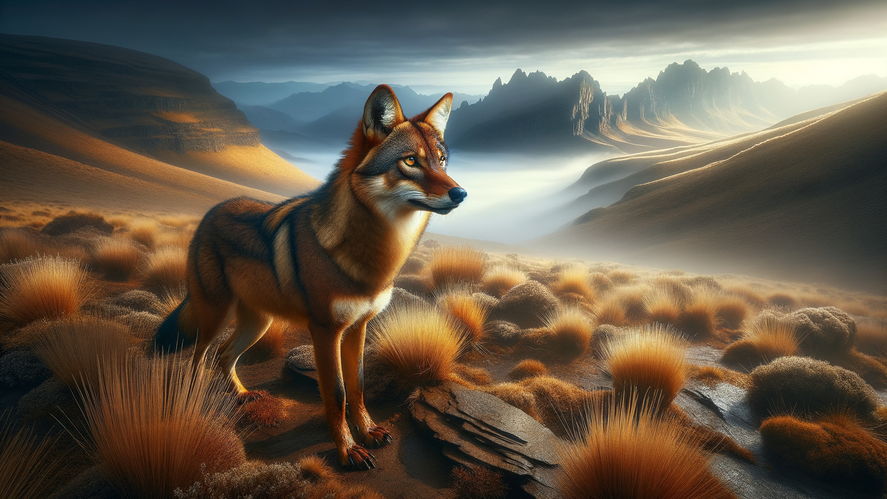 Coyote in Serene Landscape with Rolling Hills and Peaks
