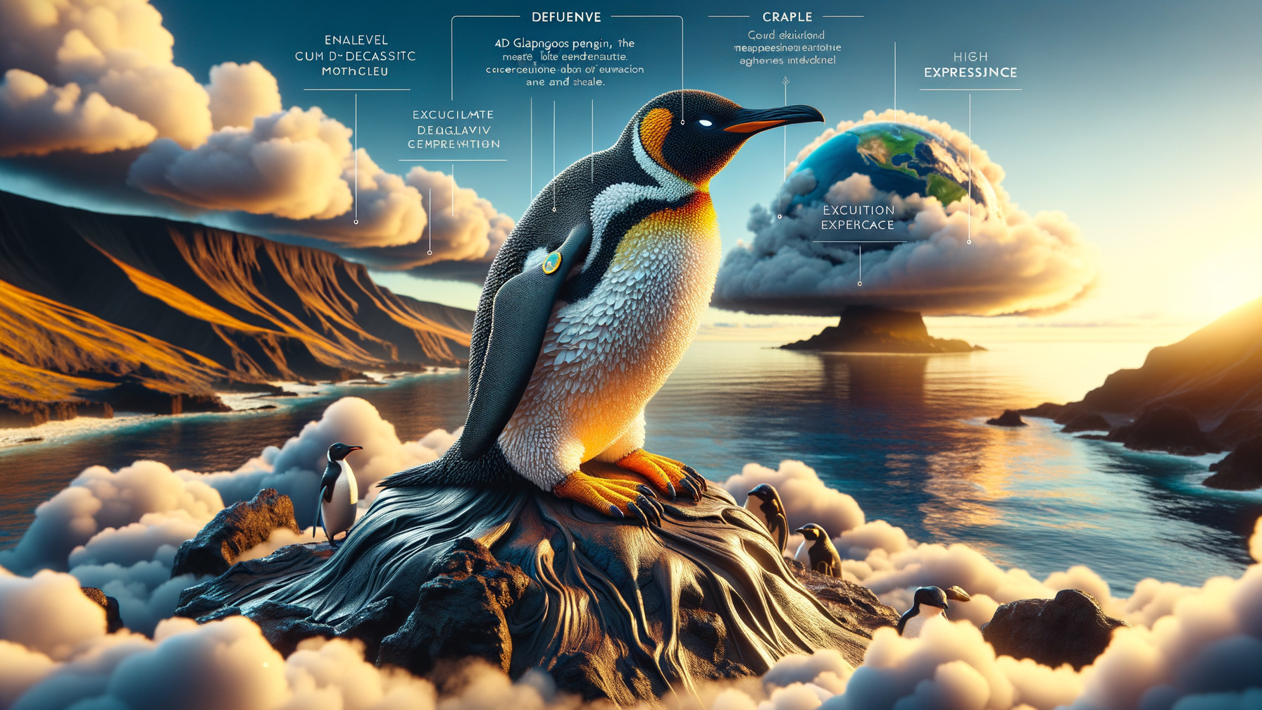 Surreal Landscape with Penguin and Emerging Globe