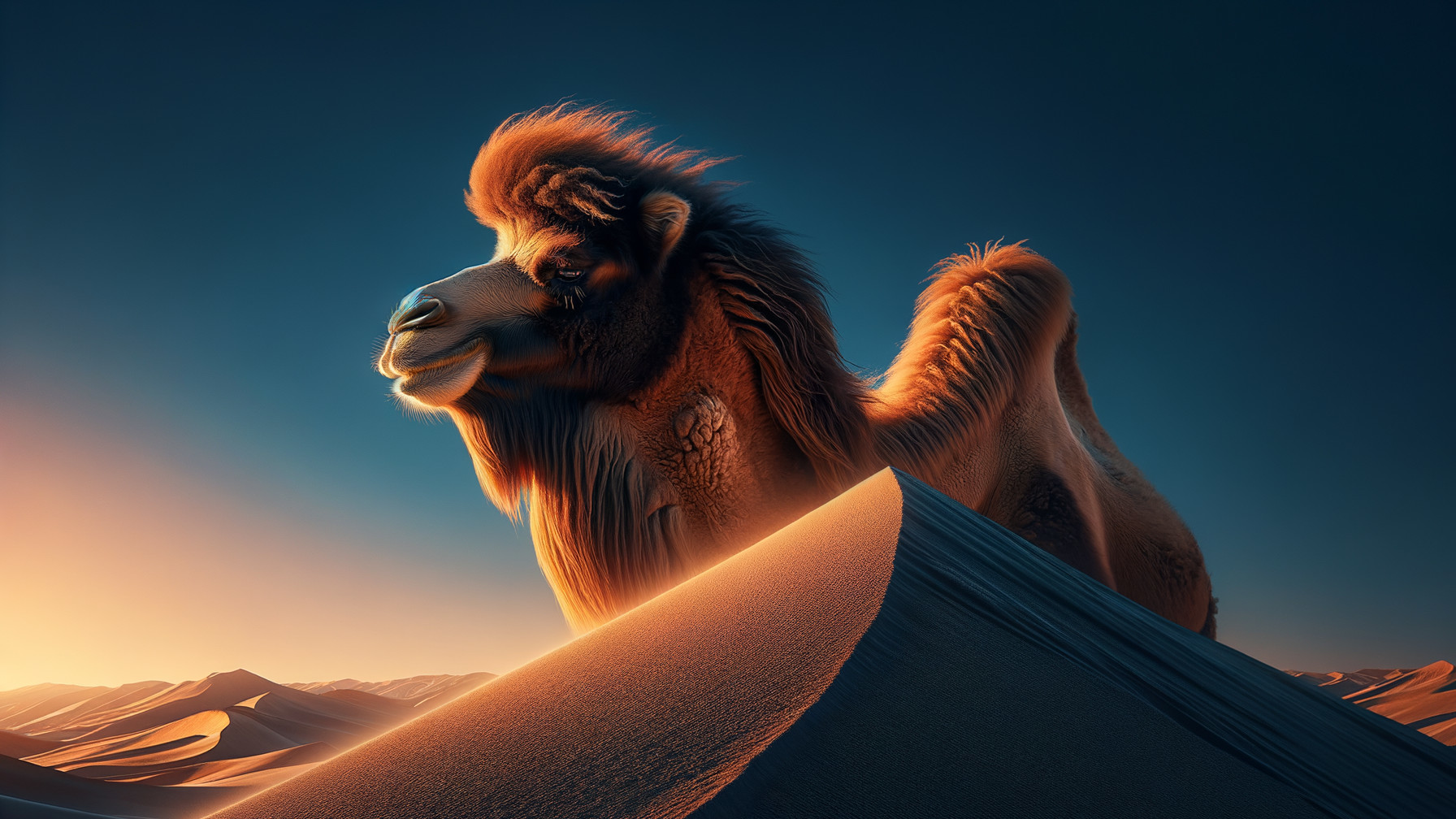 Camel on Golden Sand Dune at Sunset in Desert