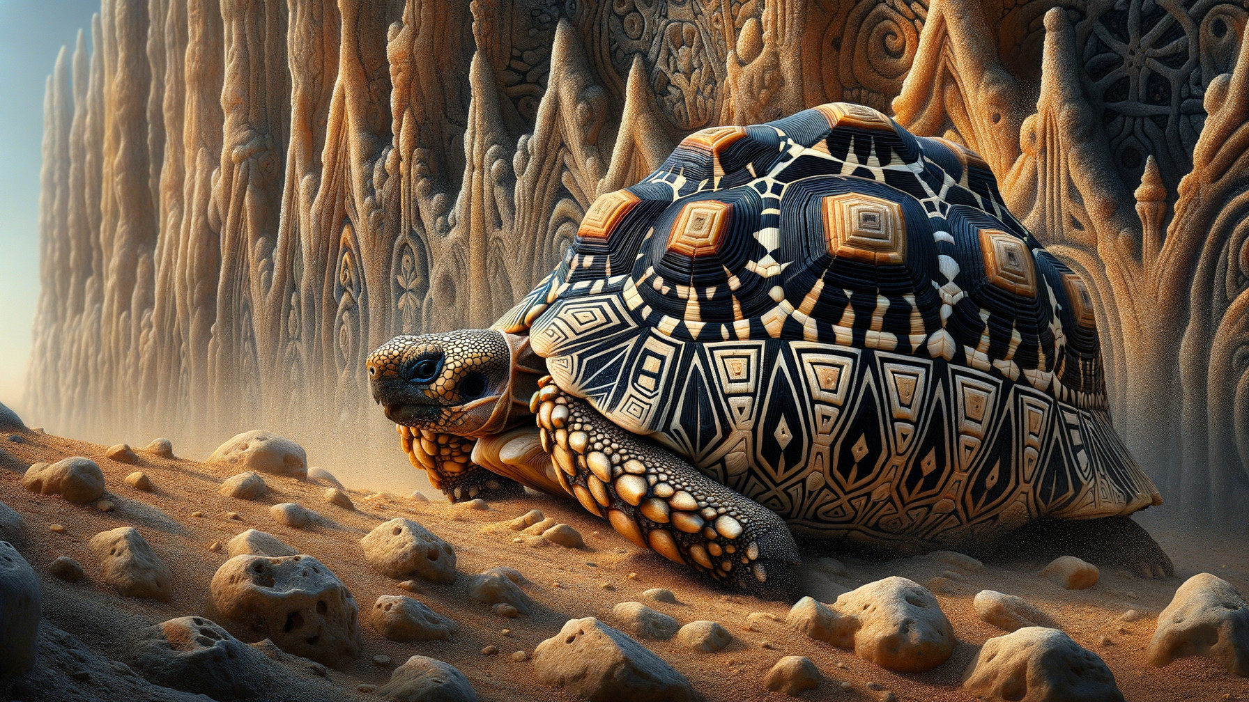 Tortoise on Sandy Landscape with Textured Cliffs
