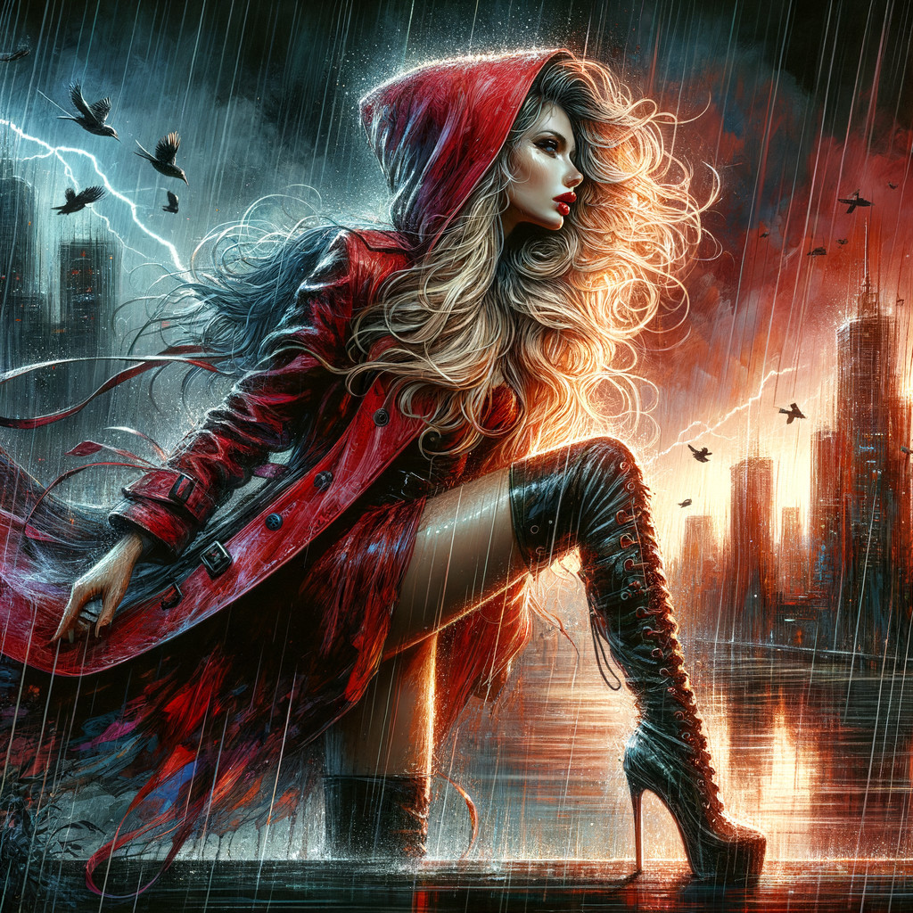 Fierce figure in red coat against stormy urban backdrop