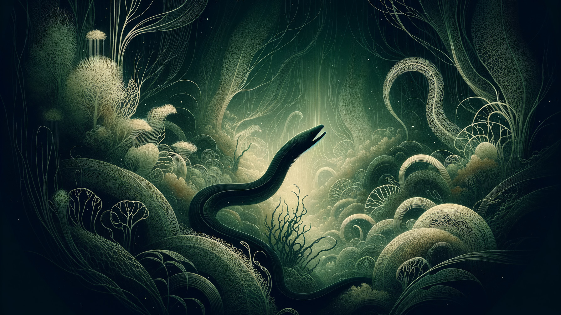 Mystical Underwater Landscape with Black Serpent and Flora