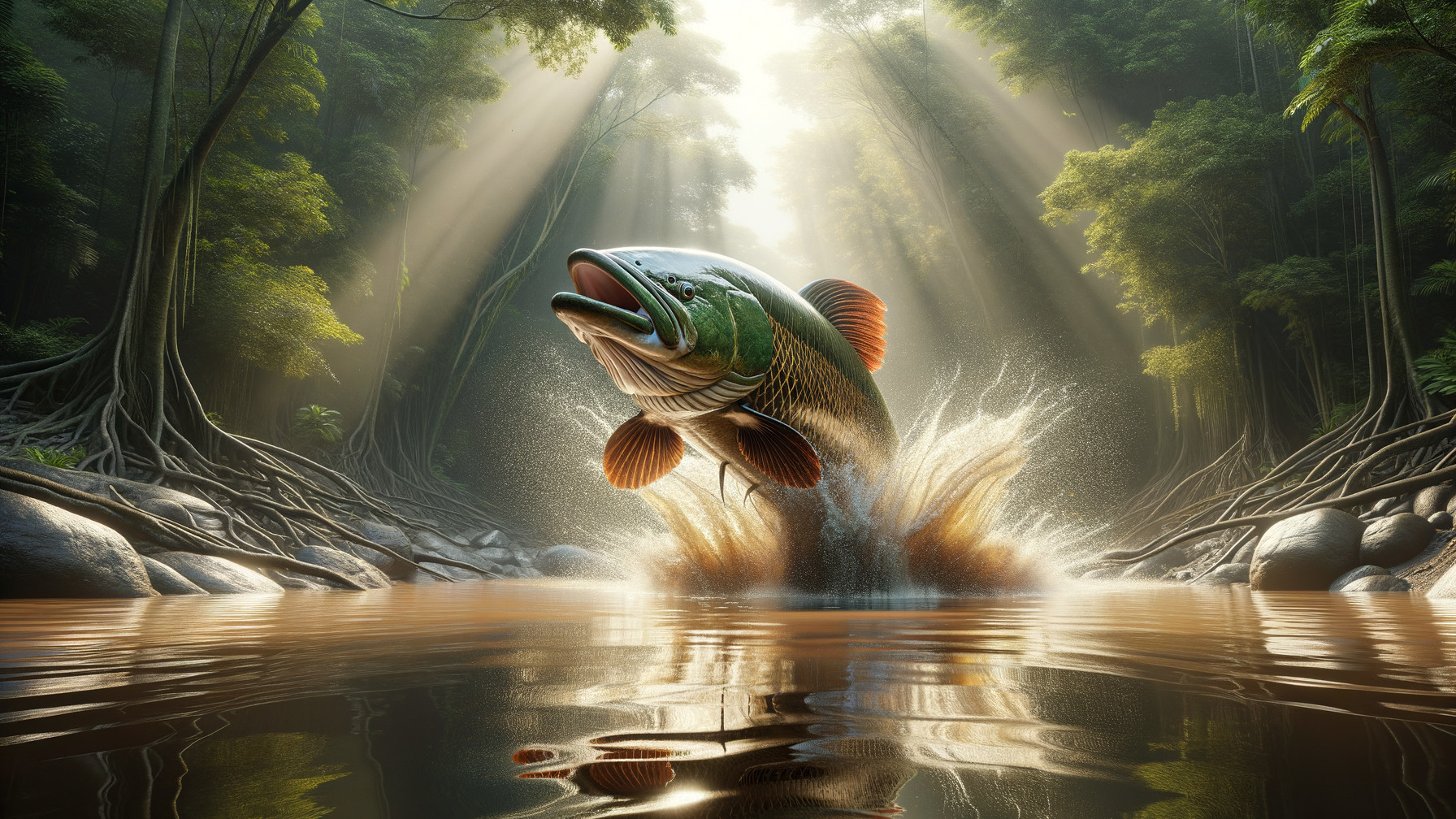 Majestic fish leaping in serene forest waterway