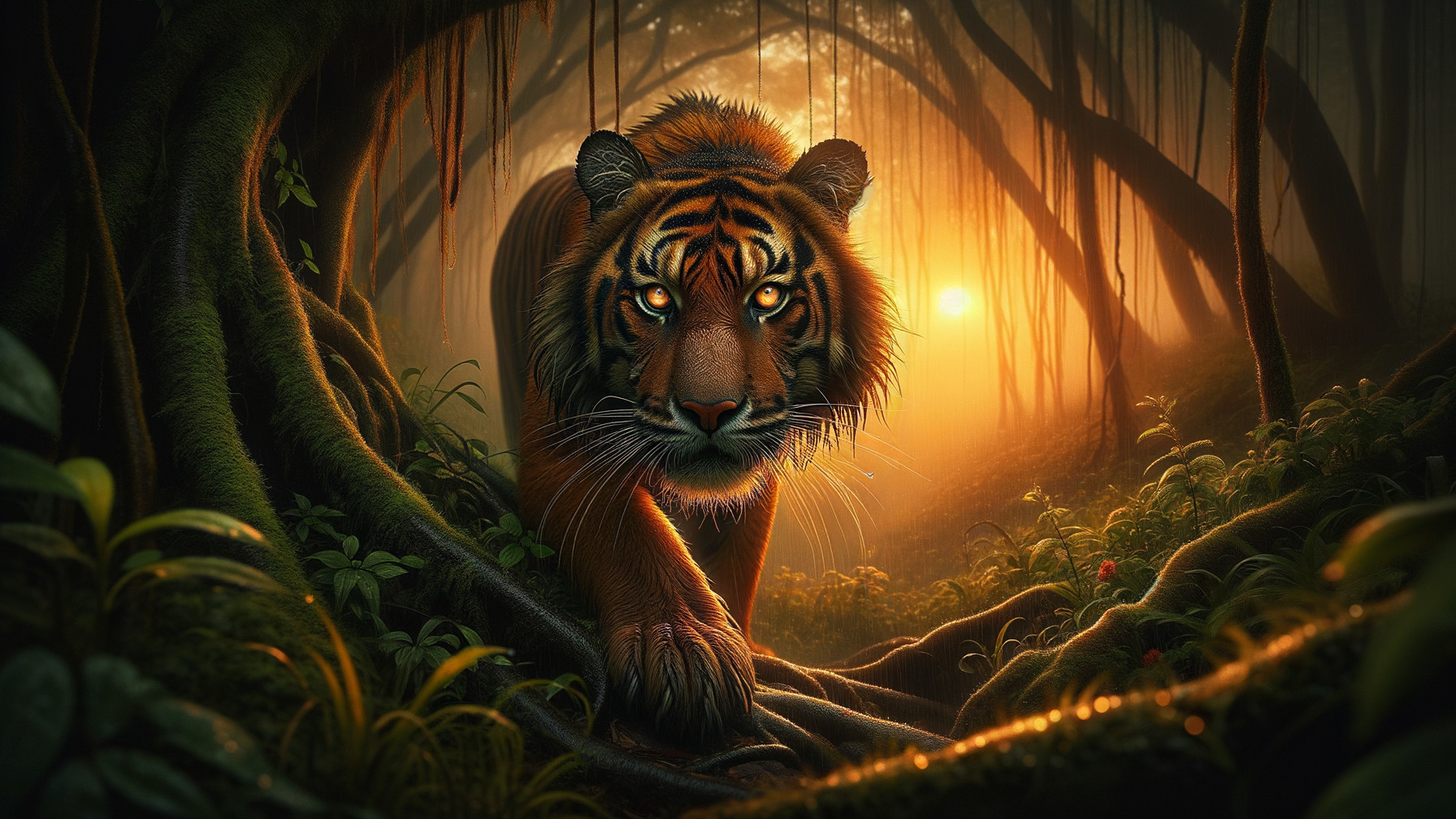 Tiger in Lush Jungle at Sunset with Golden Light