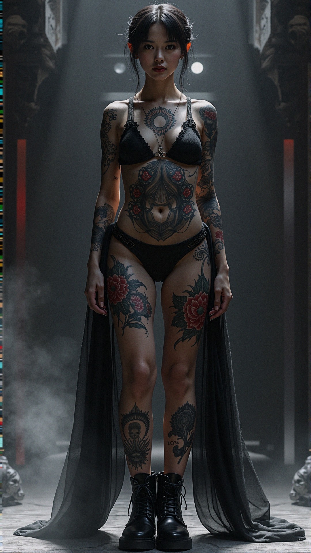 Confident figure with tattoos in ornate dim setting