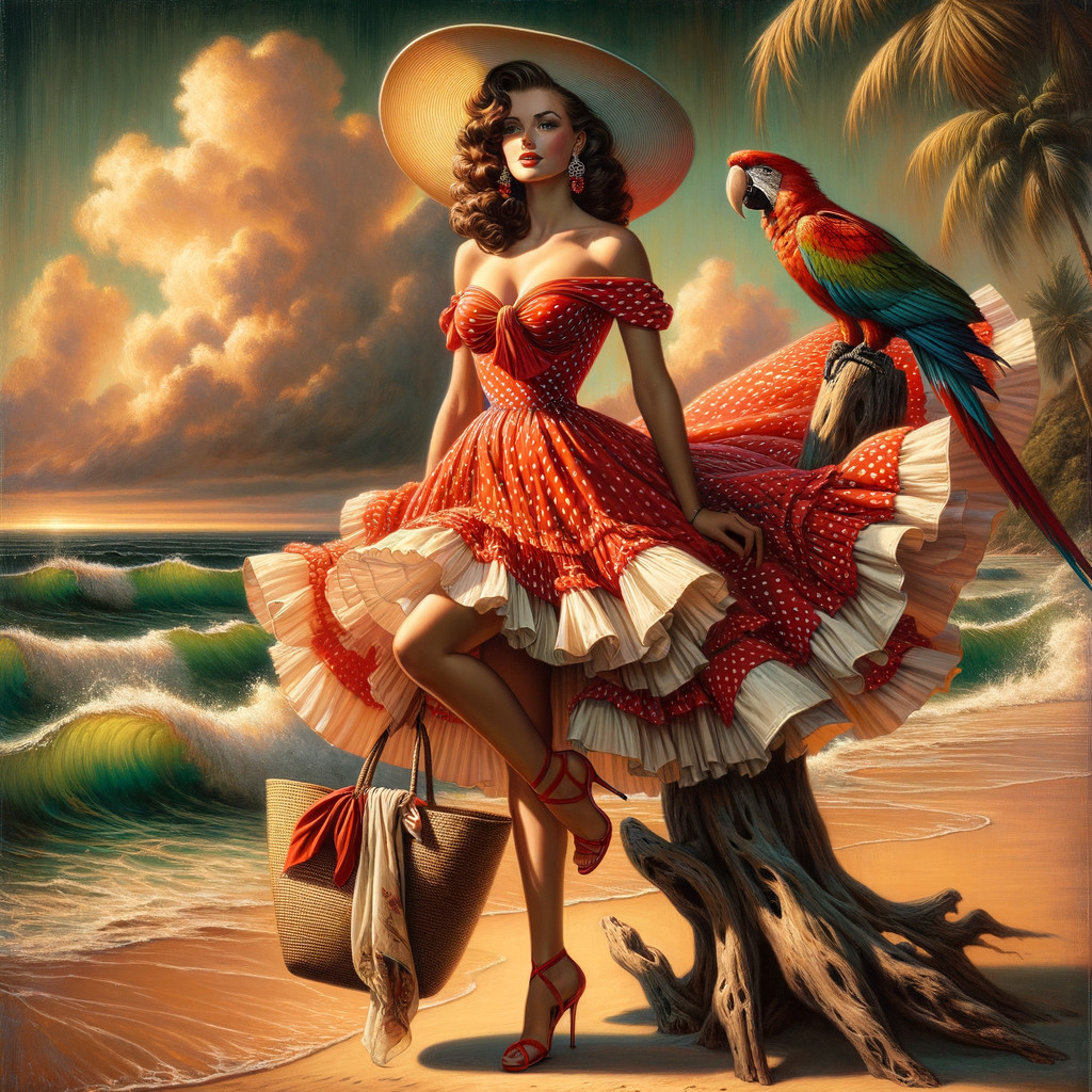 Glamorous Woman in Red Polka Dot Dress at Beach