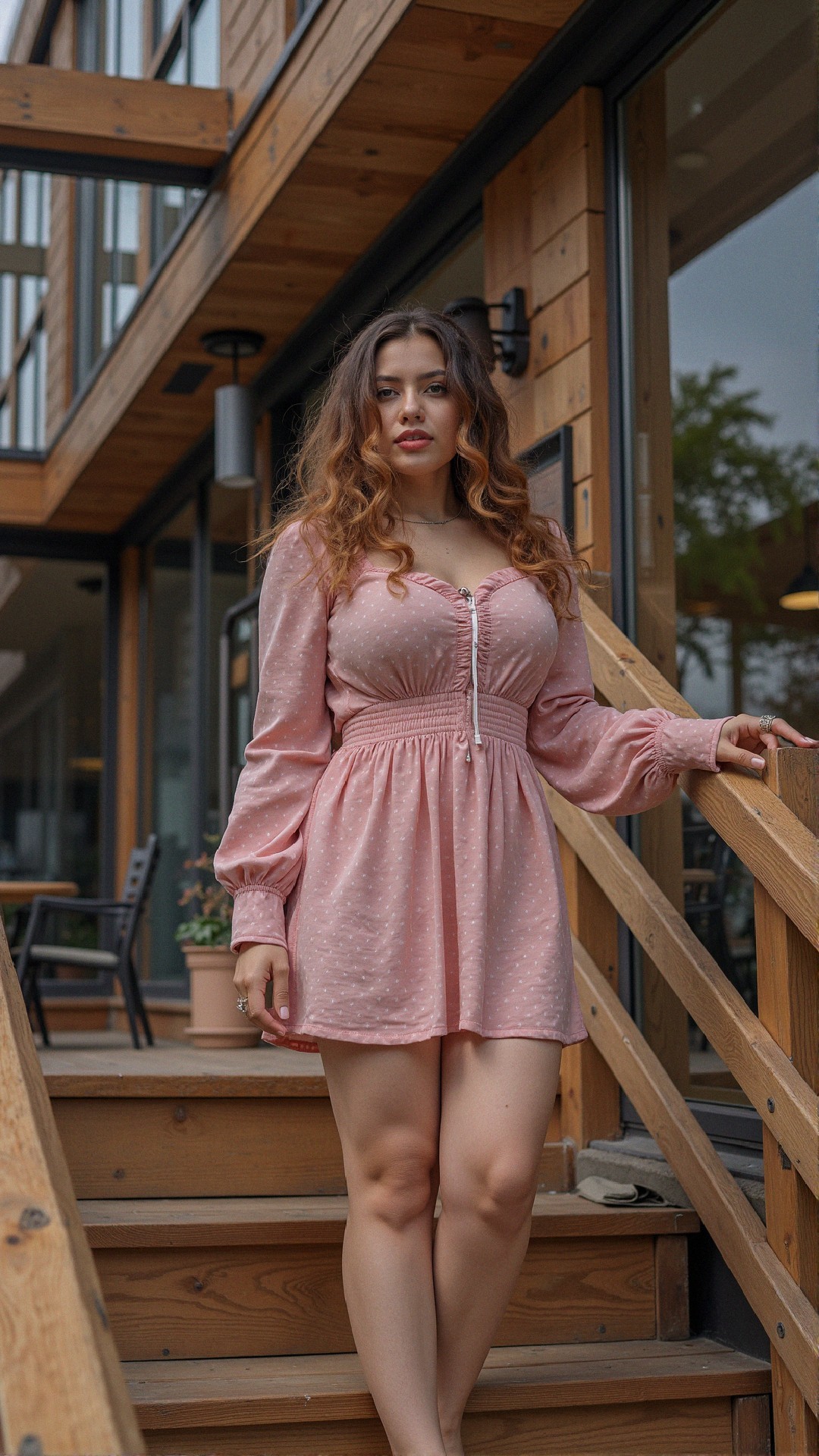 Woman in pink mini dress on wooden staircase outdoors
