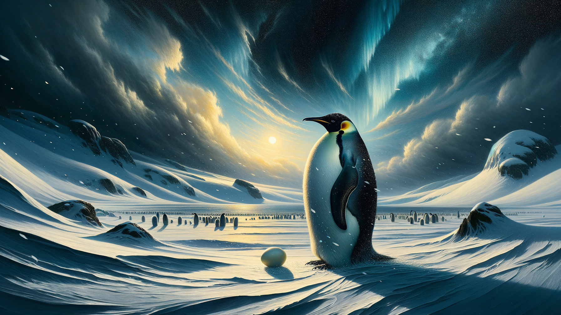 Emperor Penguin with Egg in Arctic Landscape and Auroras