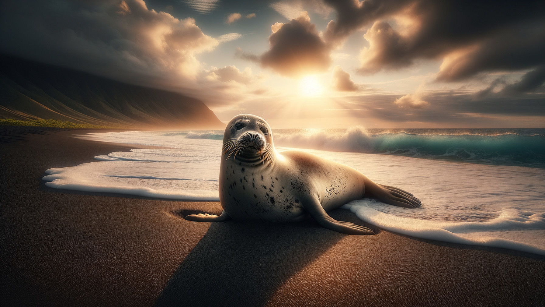 Serene beach scene with a lounging seal at sunset