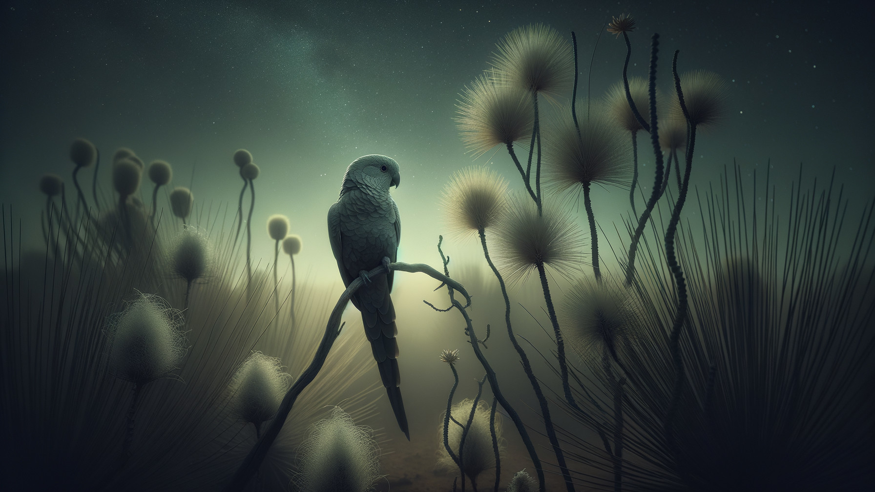 Solitary Parrot in Surreal Ethereal Landscape