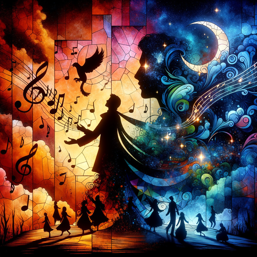 Vibrant Stained-Glass Scene with Music and Motion